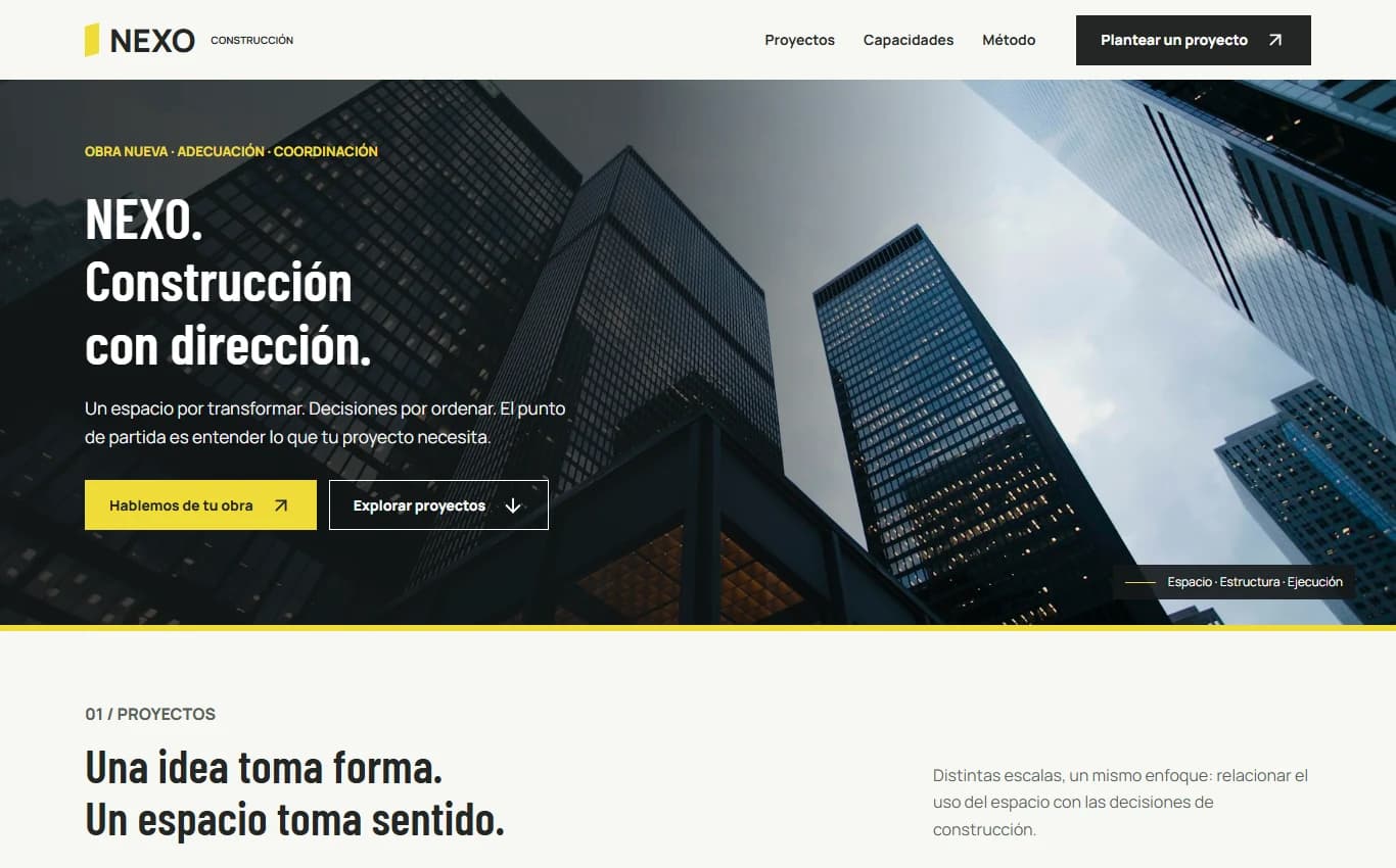 Nexo demonstration website design for a construction company.