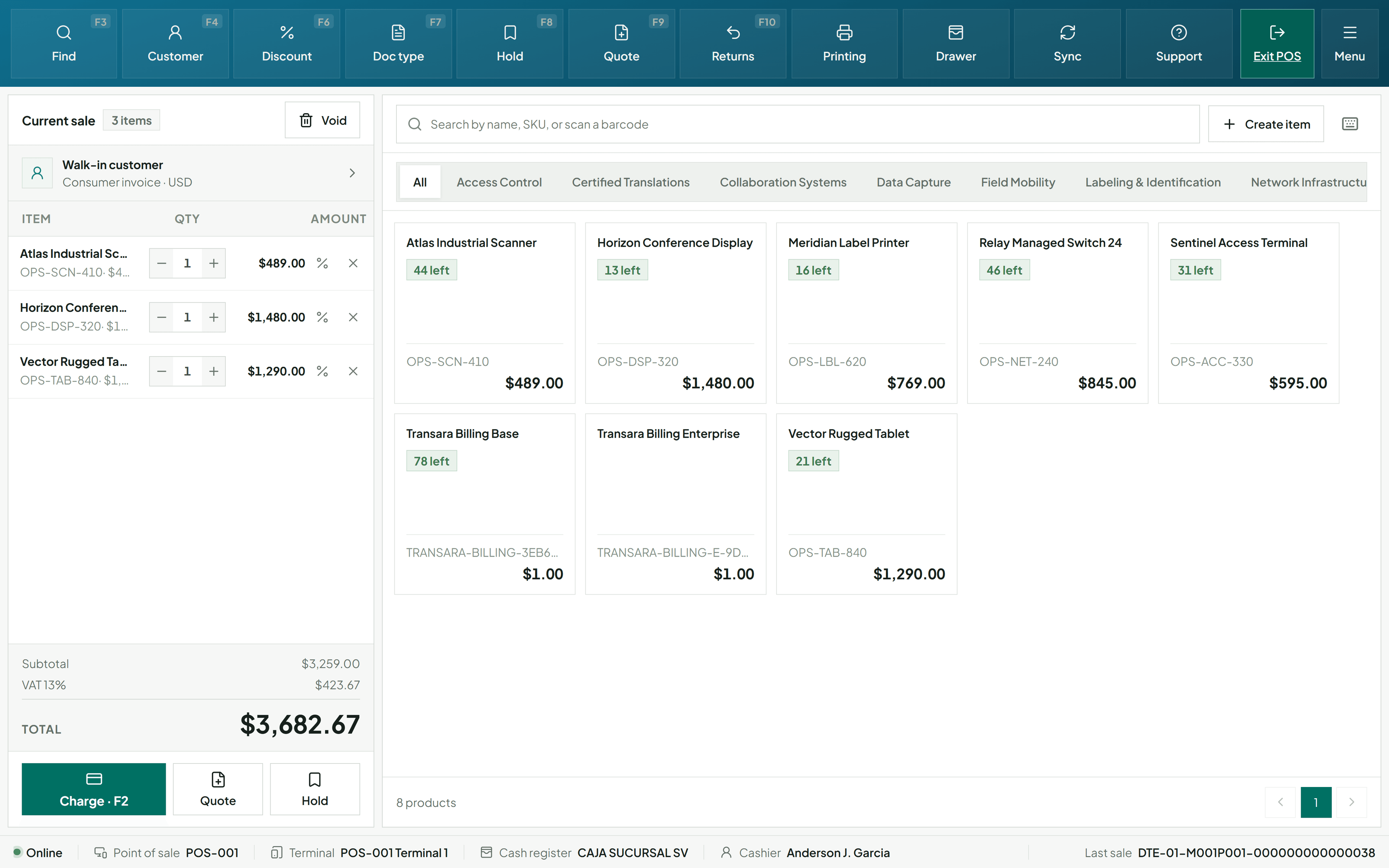 Transara Billing point-of-sale panel for sales, products and checkout.