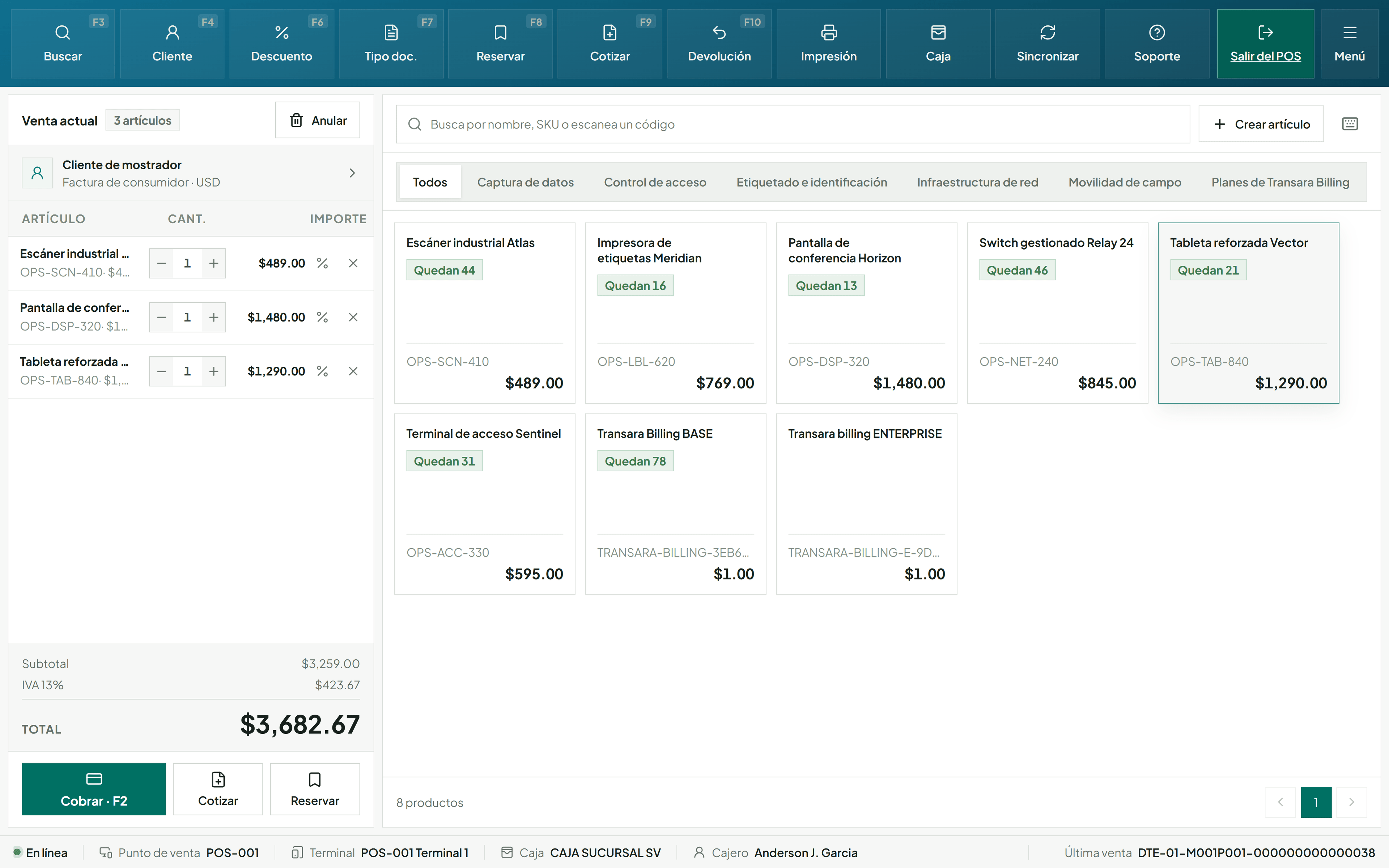 Panel de punto de venta de Transara Billing, con ventas, productos y cobro.